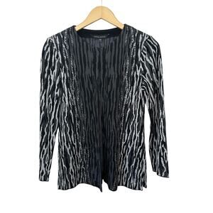 Ming Wang Cardigan Women's Petite XS Black Gray Animal Print Career Workwear Top